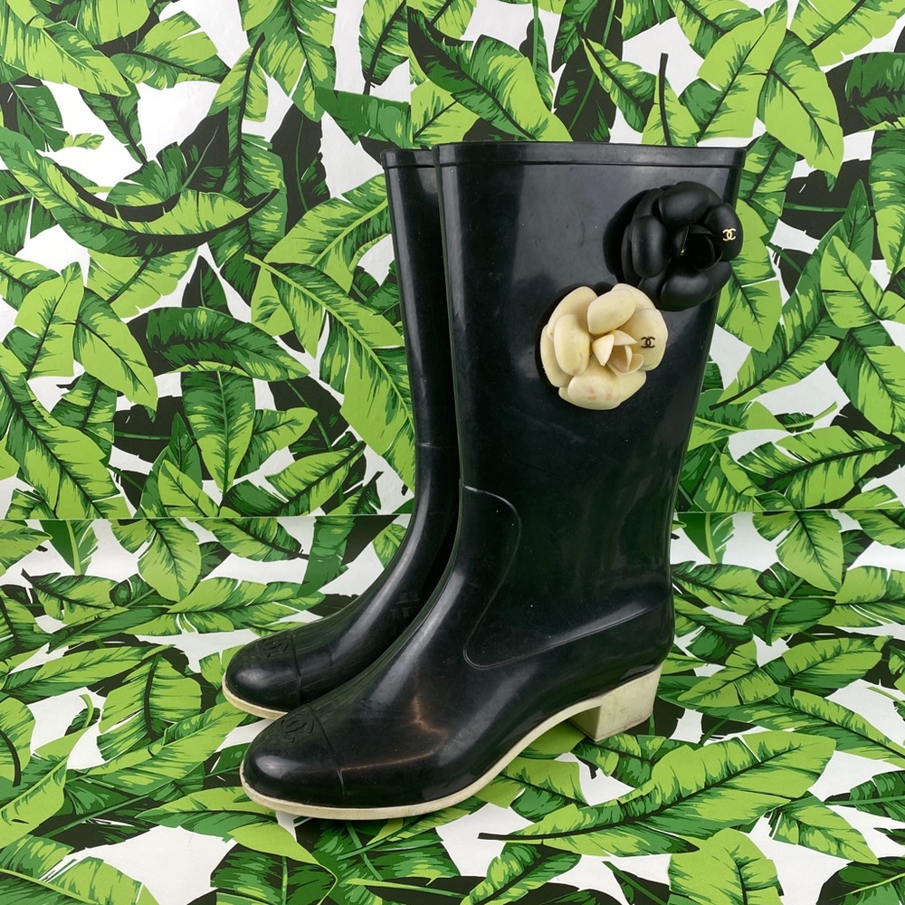 Chanel Camellia Black Flower Plastic Rain Boots